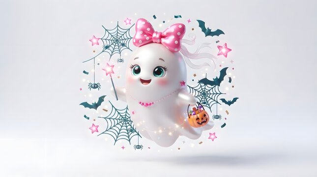 Cute cartoon ghost character with a pink polka dot bow, magic wand, and pumpkin candy bucket, isolated on white background