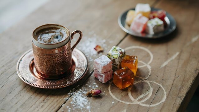 Traditional turkish coffee in a copper cup with turkish delight on a rustic wooden table