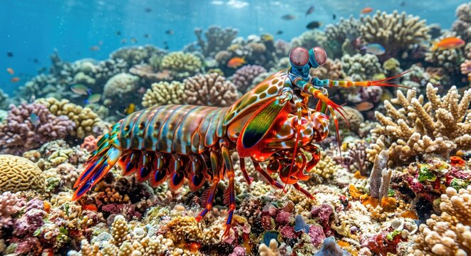 Mantis shrimp on coral reef macro - underwater marine wildlife photography