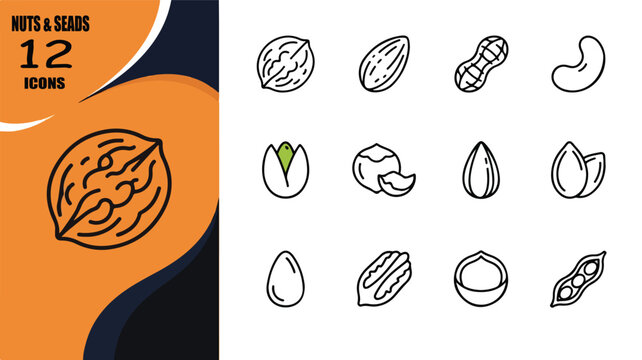 Nuts and seeds icon set, 12 linear vector symbols of walnut, almond, peanut and cashew, healthy vegan food line art for packaging and menus
