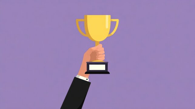 Hand holding a golden trophy cup above a laptop computer symbolizing achievement and success in technology and business