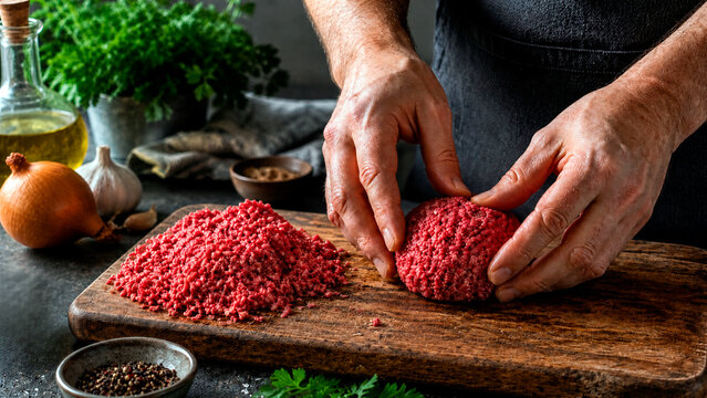 Man preparing raw beef patty on wooden board. Skilled cook forming homemade meat burger in rustic kitchen. Culinary craft, food preparation process, fresh ingredients, healthy cooking concept.