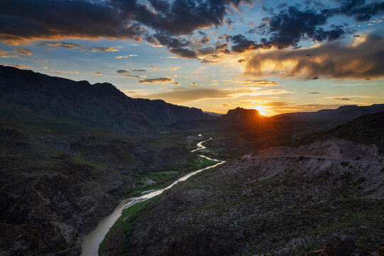 View of the Rio Grande from Texas State Hwy 170, elevated view at dusk.