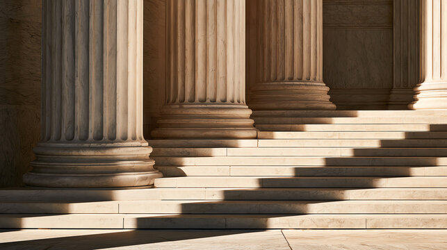 Close-up view of classical columns and stairs, showcasing intricate details and shadows in warm sunlight.