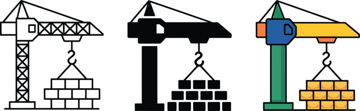 Industrial tower crane vector icons with lifting hook and stacked concrete block loads
