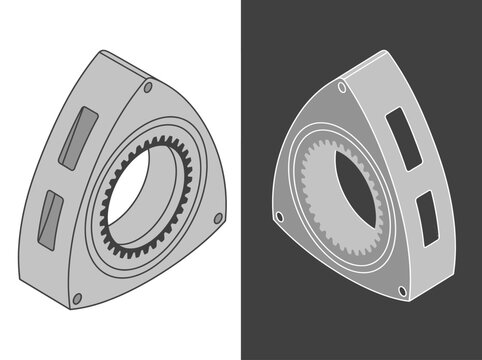 Wankel Rotary Engine Rotor Illustration. Isometric technical drawing of mechanical automotive parts for engineering and performance concepts.