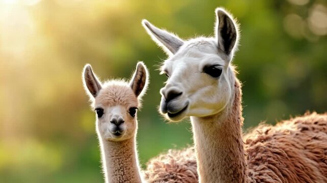 Llamas in sunlit pasture: mother and baby gaze at camera. Mother's Day, Mothering Sunday, Dia de la Madre - Global Maternal Celebration, Worldwide Family Holiday