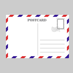 Obraz premium Vintage airmail postcard template with red and blue border, stamp frame and address lines. Blank postal card back side for travel, correspondence, invitation and greeting card design.