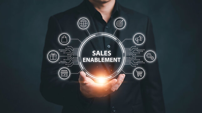 Businessman holding sales enablement graphic concept with marketing and retail icons