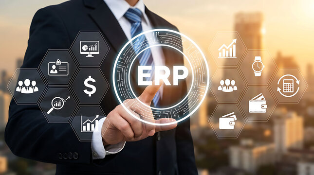 Businessman Touching ERP Enterprise Resource Planning Icon Interface Concept