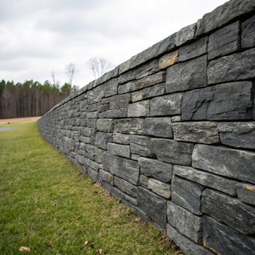 Modern dark grey stone retaining wall standing next to a green grass field