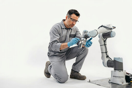 Industrial technician in gray uniform and blue gloves programming collaborative robotic arm, factory automation maintenance and safety concept on white background