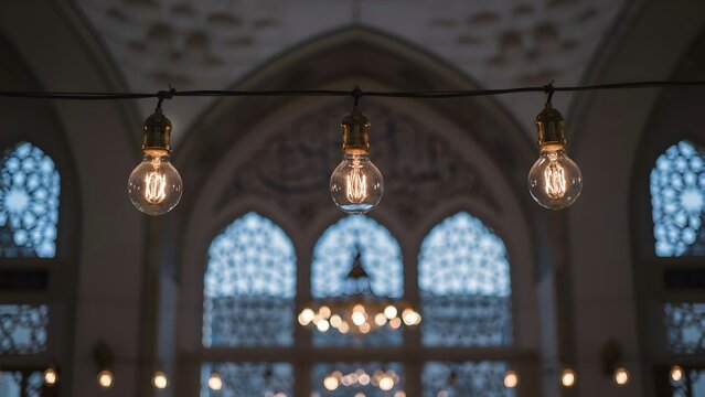 Closeup of three glowing vintage edison light bulbs hanging in a row inside a mosque with intricate geometric patterned windows in the background