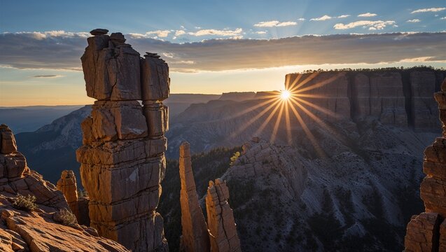 Weathered Rock Pillars in Dramatic Canyon at Sunrise