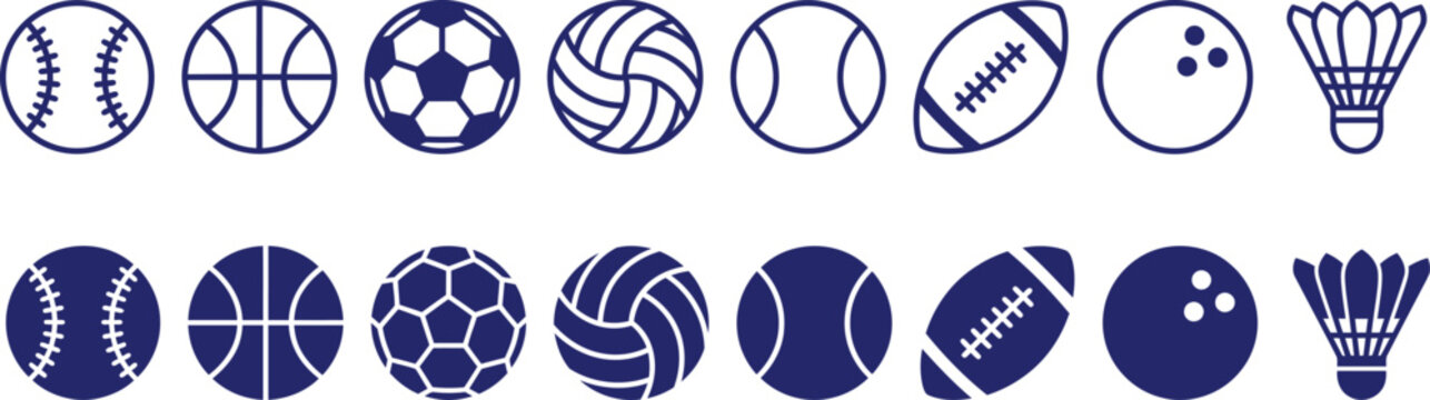 Set of sport balls and equipment vector icons, athletic game design elements