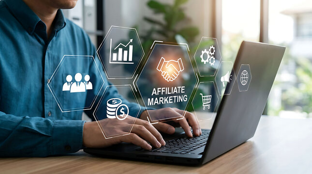 Businessman working on laptop with digital affiliate marketing icon overlay