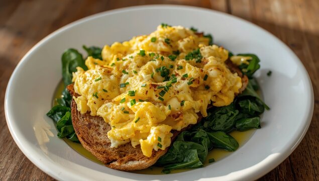Toasted bread topped with scrambled eggs and saut&eacute;ed spinach.