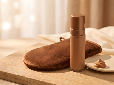 Self tanning lotion bottle with applicator mitt and cream swirl on stone surface.