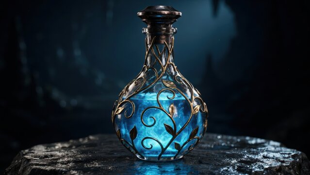 Magical blue potion bottle with golden filigree on a dark rock in a mysterious cave