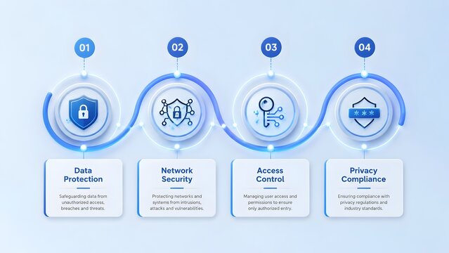 Cybersecurity infographic timeline displaying data protection network security access control and privacy compliance strategy