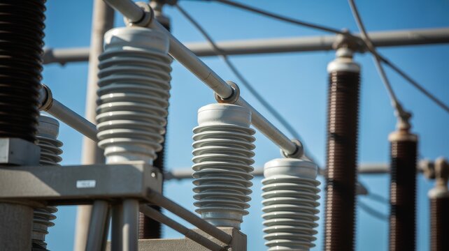 High voltage electrical insulators at a power substation under clear blue sky
