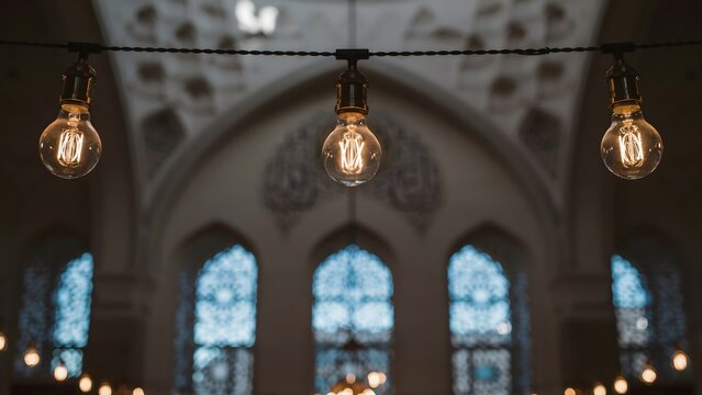 Closeup of vintage edison light bulbs hanging in a row inside a mosque with intricate architectural details and stained glass windows in the background