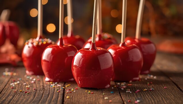 Toffee apples on the table, with selective focus.