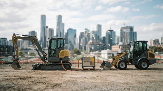 Electric excavator and compact loader with battery charging on a sustainable construction site