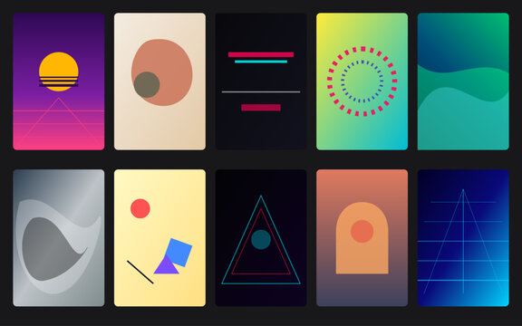 Abstract vector background set with 10 different styles including synthwave, boho organic, cyber glitch, pop art and futuristic mesh