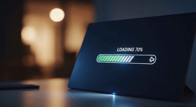 Futuristic Laptop Displaying a 70 Percent Loading Bar on a Sleek Interface