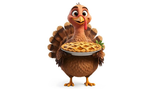 A cute 3d cartoon turkey character holding a freshly baked latticecrust pie, smiling happily, isolated on white background