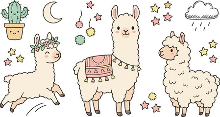 Obraz premium Cute Llama Character Collection with Floral Crown, Cozy Blanket, Moon, Stars, Cactus, and Kawaii Cartoon Vector Illustration Set