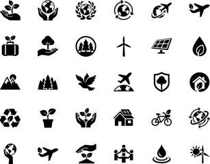 Fototapeta premium Eco Friendly and Nature Icon Set with Green Energy, Recycle, Leaf, Plant, and Sustainability Symbols for Environmental Designs