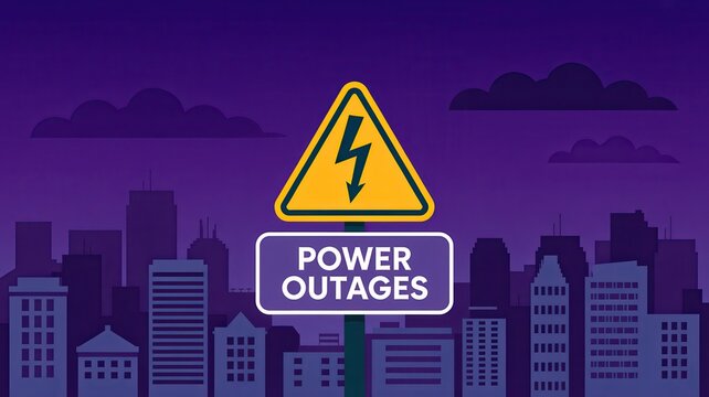 Power outages warning sign with lightning bolt icon in front of a dark city skyline