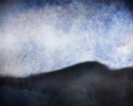 Atmospheric monochrome digital graphic art featuring a dark, textured landscape silhouette under a moody sky with vintage grunge texture and minimalist aesthetic.