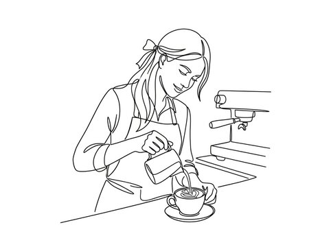 Woman pouring coffee - continuous line art illustration