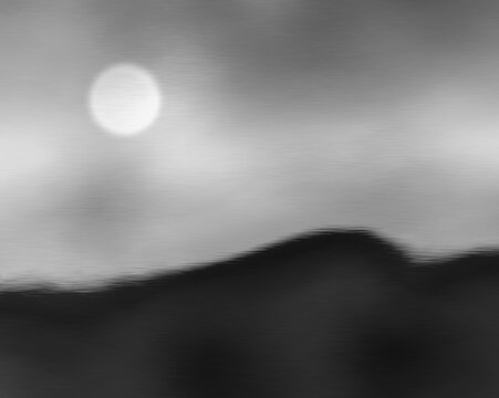 Atmospheric monochrome digital graphic art featuring a dark, textured landscape silhouette under a moody sky with vintage grunge texture and minimalist aesthetic.
