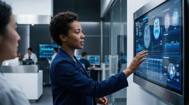 Healthcare Professionals Analyze Medical Data On Advanced Digital Display