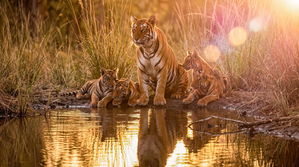 Cinematic wildlife shot of a tiger family relaxing on a muddy riverbank, featuring a striking symmetrical water reflection.