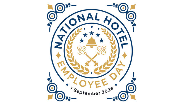 National hotel employee day emblem with golden keys and bell vector
