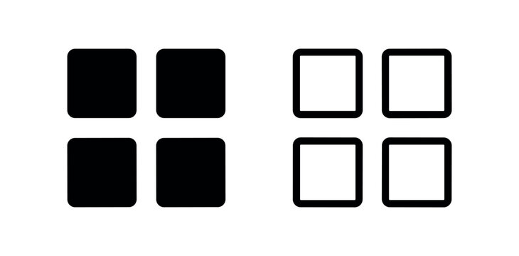 Grid and menu icon set. Four square modules representing app launcher, dashboard or layout.