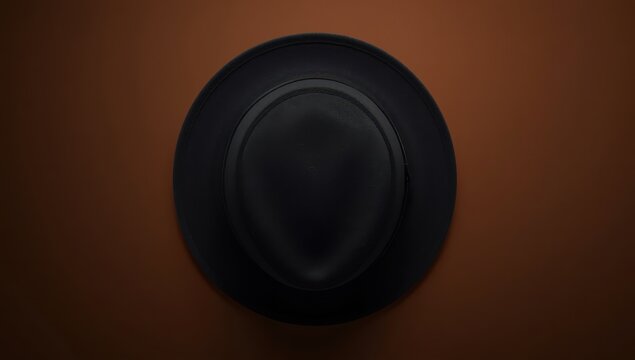 Top view details of a classic black pork pie hat on a brown background. Close-up.