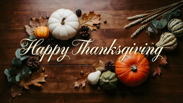 Happy thanksgiving greeting card with pumpkins, autumn leaves, pine cones and wheat on a rustic wooden background, top view, flat lay