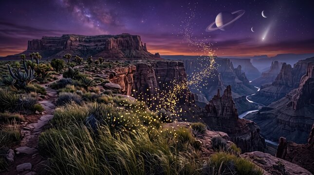 Fantasy canyon landscape with comet meteor - fantasy digital art landscape