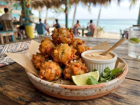 Crispy Caribbean Seafood Conch Fritters Served with Creamy Dipping Sauce on a Beachfront Restaurant Table
