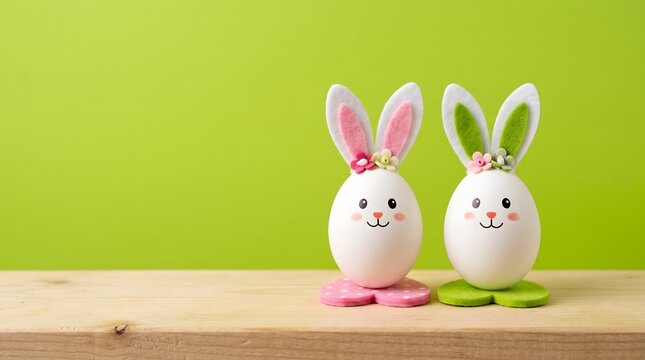 Two cute handmade easter bunny ornaments made from white eggs standing on a wooden surface against green background