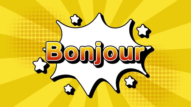 Bonjour text word lettering popup comic cartoon reveal with bomb and smoke explosion manga anime book page dots with radial speed lines doodle yellow background with seamless loop animation retro