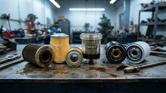 Concept of filtration and replacement cycles with hydraulic filter cartridges, spin-on oil filters, wrenches, clear filter housing, and lubricant droplets arranged on a steel bench; crisp macro detail
