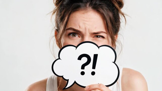 Confused young woman holding speech bubble with question mark and exclamation mark. Puzzled person expressing doubt