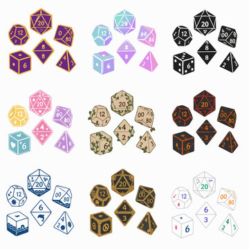 Multiple themed RPG dice sticker sets with d20, d12, d10, d8, d6 and d4 shapes